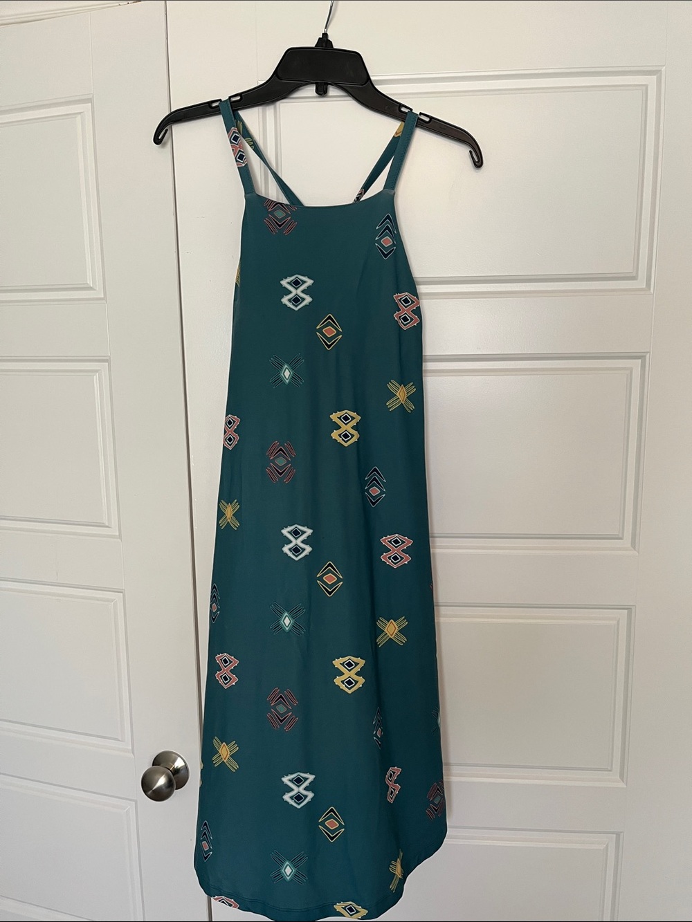Patagonia Teal Maxi Dress with Multicolor Geometric Motifs